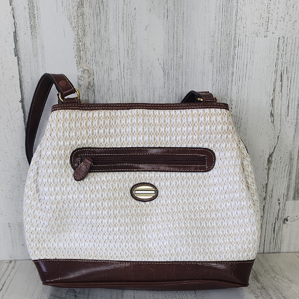 Elegant Brown and Cream Woven Fabric Women's Bag